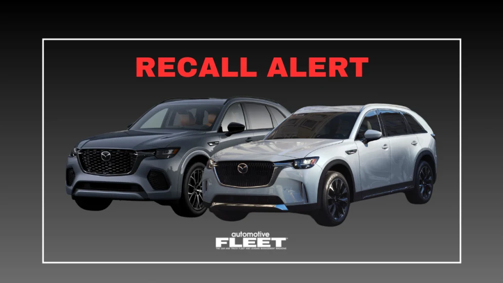A gray, red, and white graphic with a 2024-2025 Mazda CX-70 and CX-90 models under the words "RECALL ALERT".