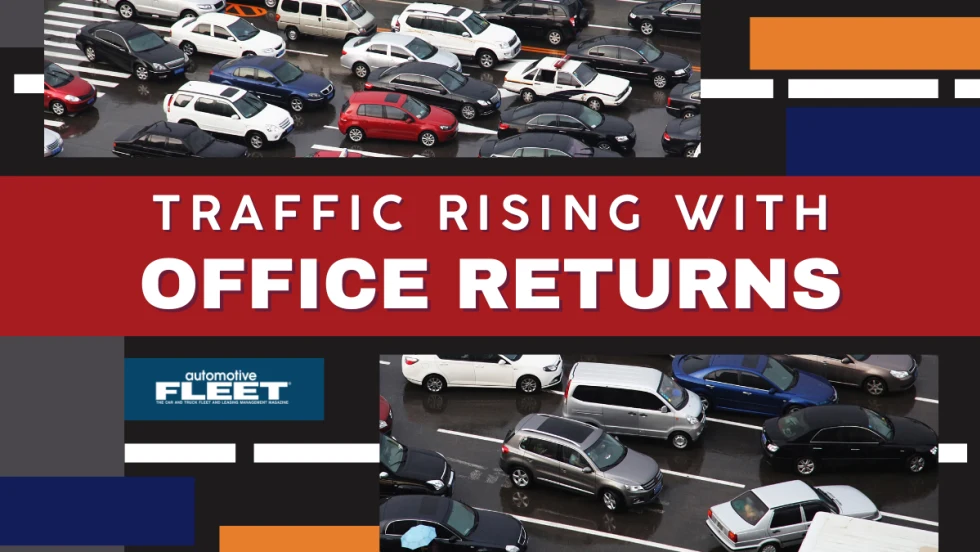 A multi-colored (red, mustard yellow, blue, gray, and black) graphic with images of multi-lane traffic. Text reads "Traffic Rising with Office Returns".