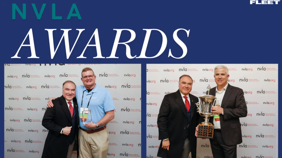 Ken Sopp and Kirk Browning stand with colleagues at the NVLA conference in Nashville, recognized for their leadership and service to the vehicle leasing industry.