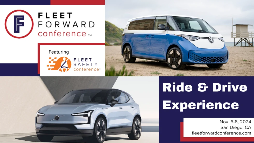 A blue, red, and white graphic with images of a Volkswagen ID. Buzz and a Volvo EX30, with text reading "Ride & Drive Experience".