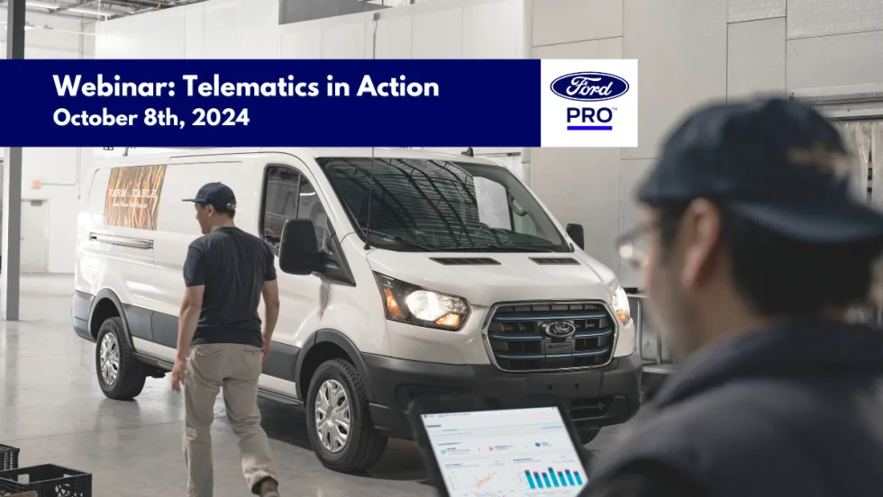 Image of workers inside a warehouse checking telematics in front of a van with text announcing the webinar "Telematics in Action".