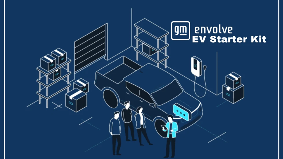 Blue and white illustration of a truck being charged in a garage. A white GM Envolve logo is in the top right corner with text that reads "EV Starter Kit".