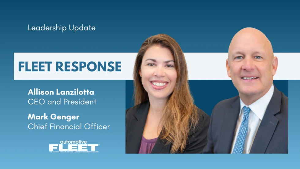 A blue and white leadership update graphic detailing Allison Lanzilotta and Mark Genger's new roles at Fleet Response. 