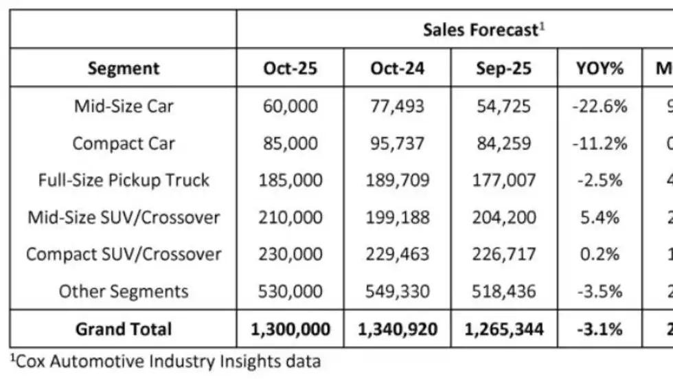A chart table showing breakdown of sales forecast based on vehicle category.
