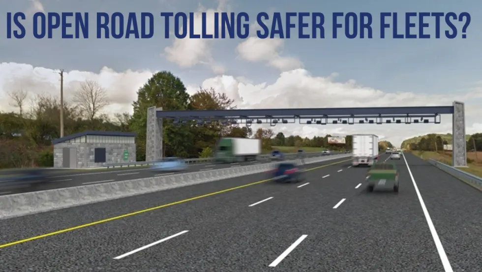 A photo of a main highway road that includes open road tolling.
