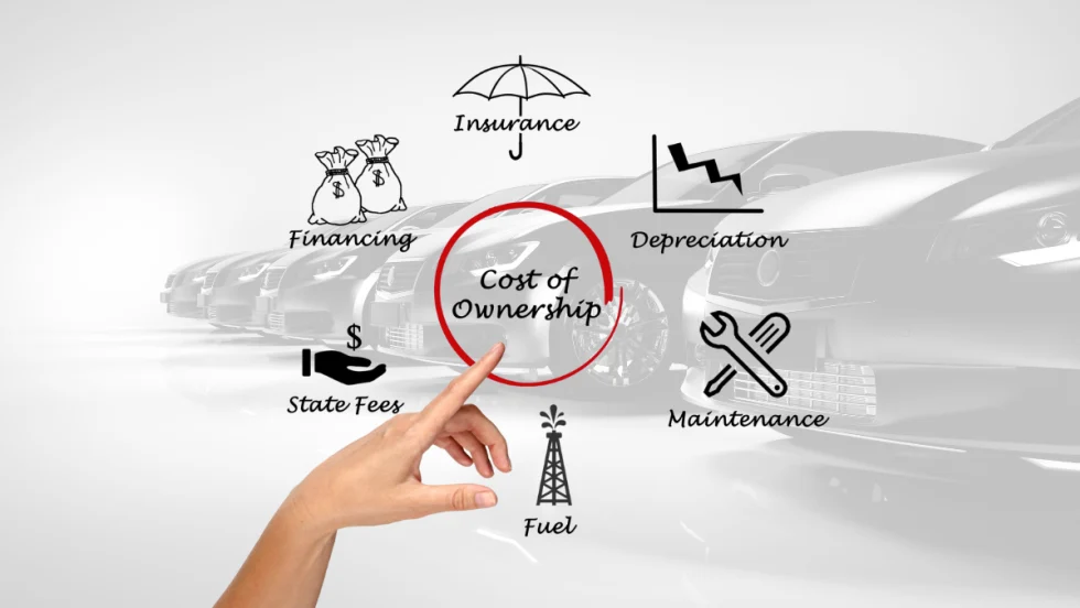 Graphic of costs overlaying row of vehicles.
