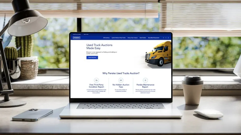 Computer with screen showing a used truck auction bidding website.