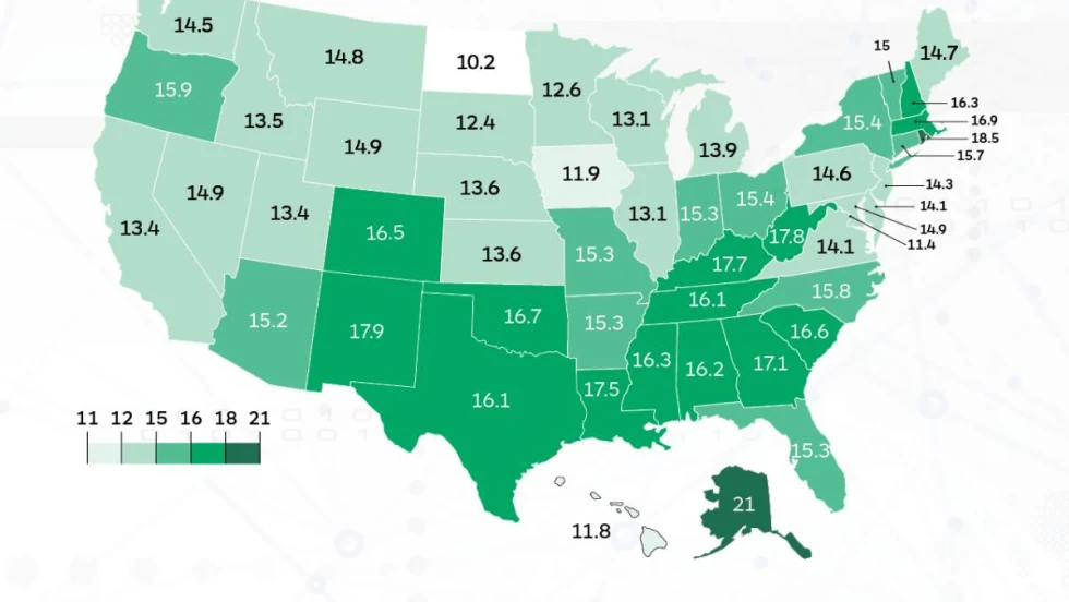 Map of U.S. in shades of green showing LOR.