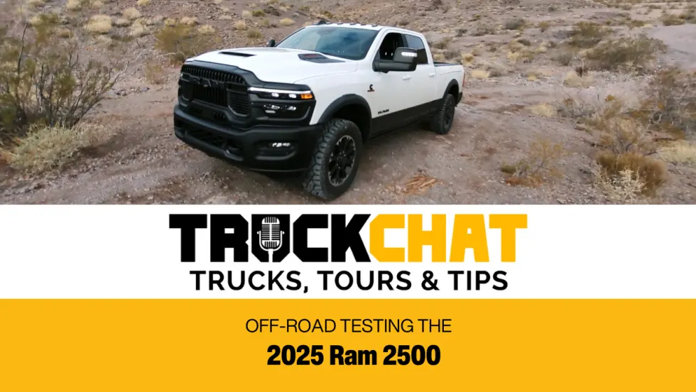 Truck Chat video thumbnail showing a white pickup truck in the desert.