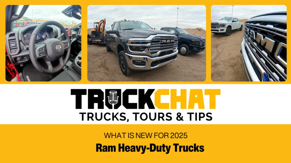 Logo for video series Truck Chat: Trucks, Tours & Tips with three inset images of Ram pickup trucks across the top.