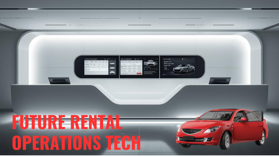 A futuristic gray rental car counter with a white recessed background area featuring flat-screen displays, accented by mood lighting.