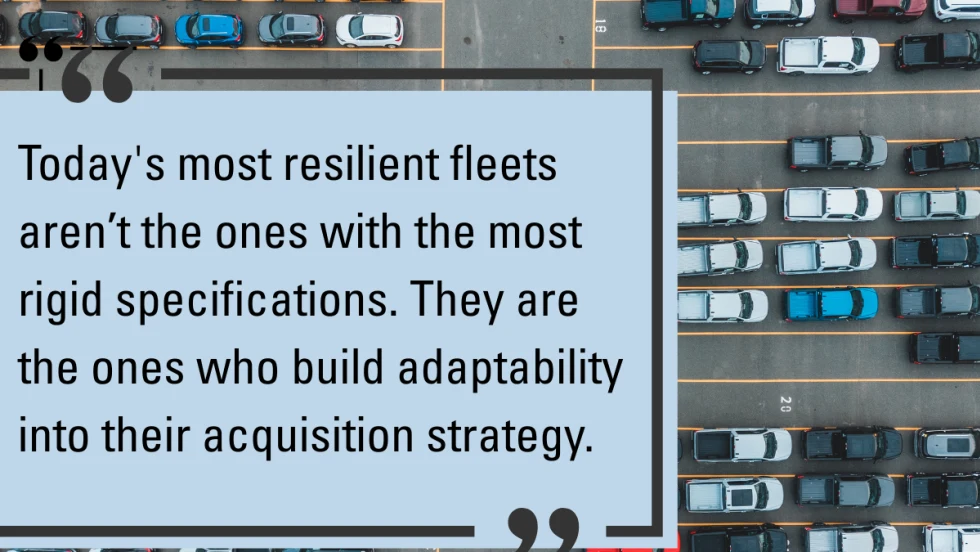 Aerial view of fleet vehicles in a parking lot with a quote about adaptability in fleet acquisition strategy.