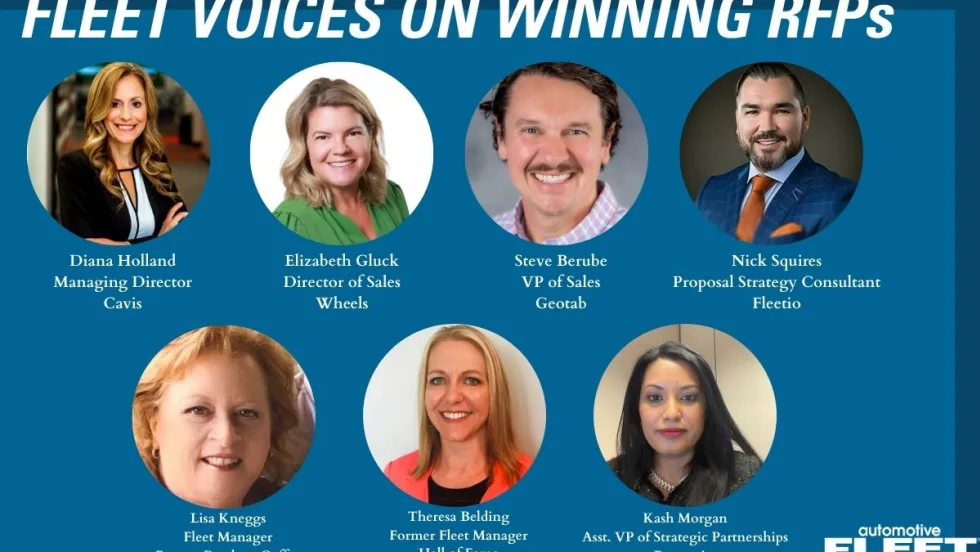 Blue graphic entitled "Fleet Voices on Winning RFPs" featuring headshots and titles of six fleet industry professionals.