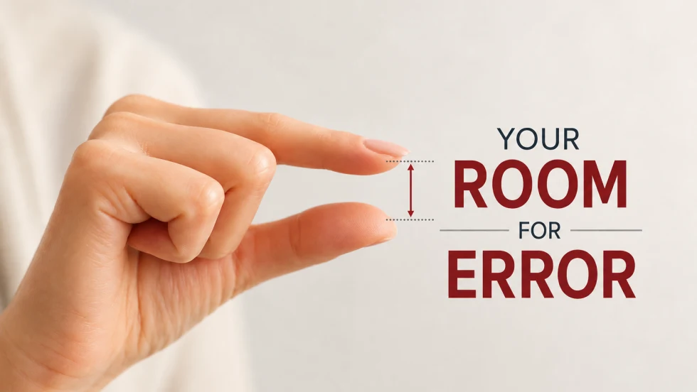 two fingers separate by an inch with text "your room for error."
