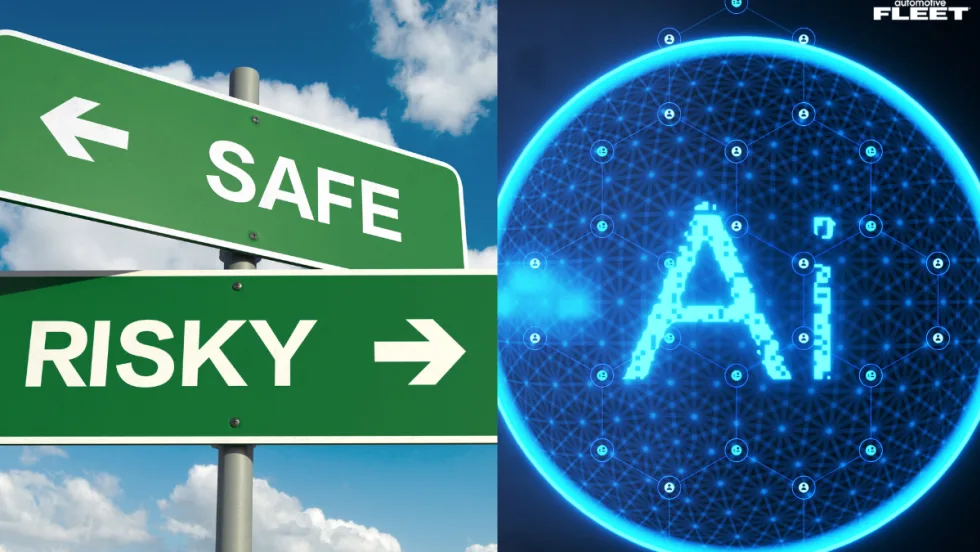 Road signs pointing to “Safe” and “Risky” beside a glowing AI network graphic, illustrating the role of artificial intelligence in driver safety, coaching, training, and risk management.
