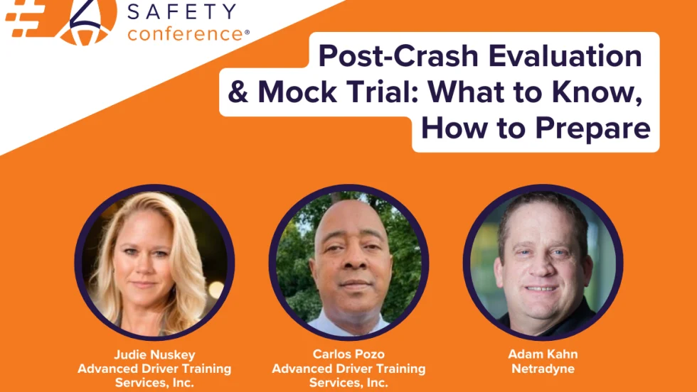An orange and white graphic with a Fleet Safety Conference logo announcing the seminar "Post-Crash Evaluation & Mock Trial: What to Know, How to Prepare" and its panelists.