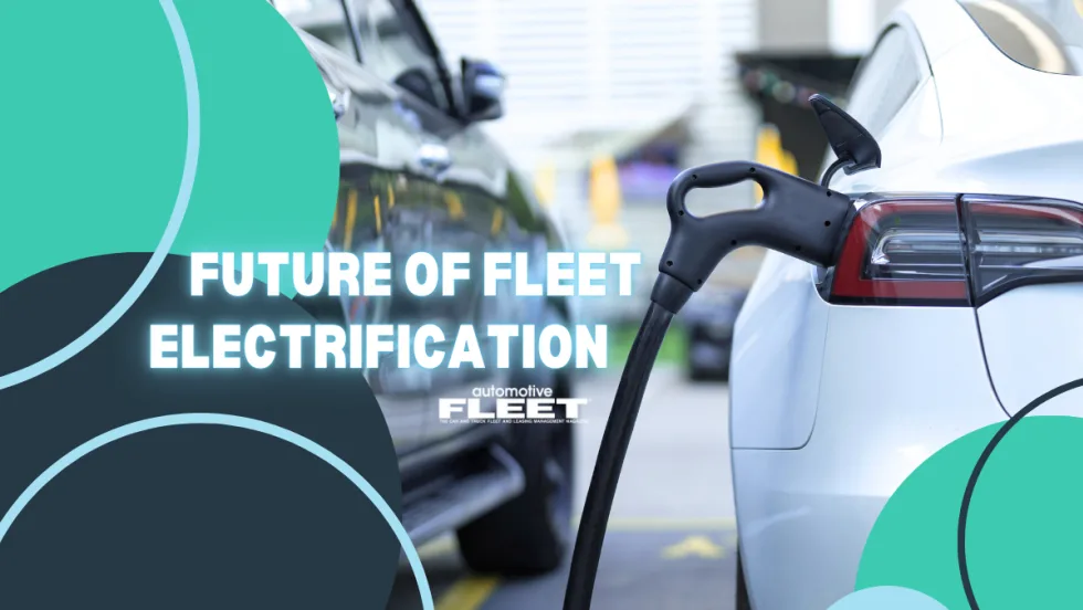 Image of an electric car plugged into to a charging port with the words "Future of Fleet Electrification" in neon sign font.