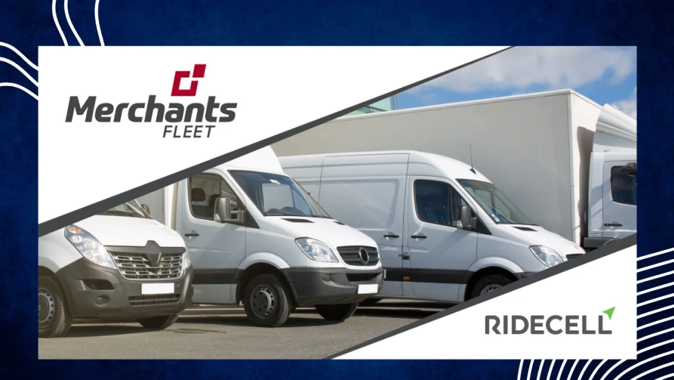 An image depicting white fleet vehicles diagonally sandwiched by Merchants Fleet and Ridecell logos, respectfully. 