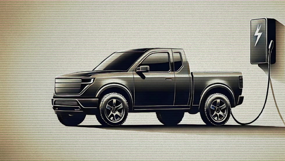 An AI-generated image of a gray small electric pickup truck plugged in to a charging station. 
