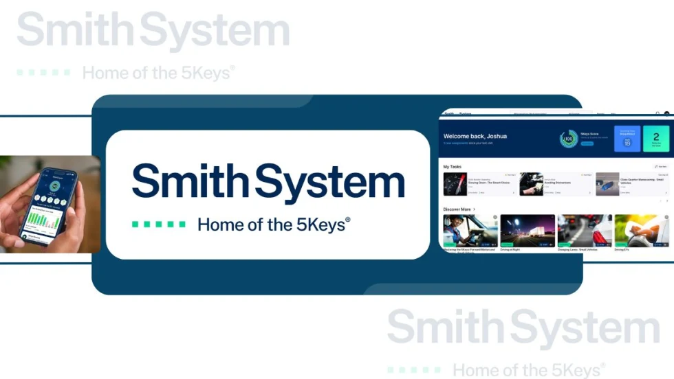 Smith System graphic featuring a smartphone with driver performance analytics, a dashboard interface with learning modules and task tracking, and the company’s tagline 'Home of the 5Keys."