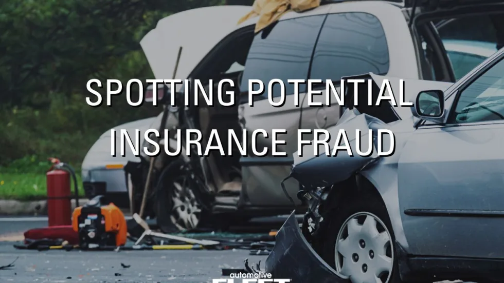 Two vehicles in a collision with the title "Spotting Potential Insurance Fraud" overlayed and the Automotive Fleet logo at the bottom.