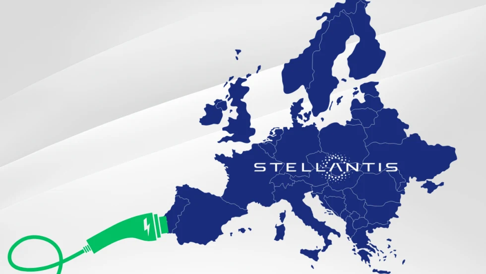 Graphic of a map of Europe with the Stellantis logo and a green EV charging cable, illustrating the automaker’s new affordable small electric vehicle project in Europe.