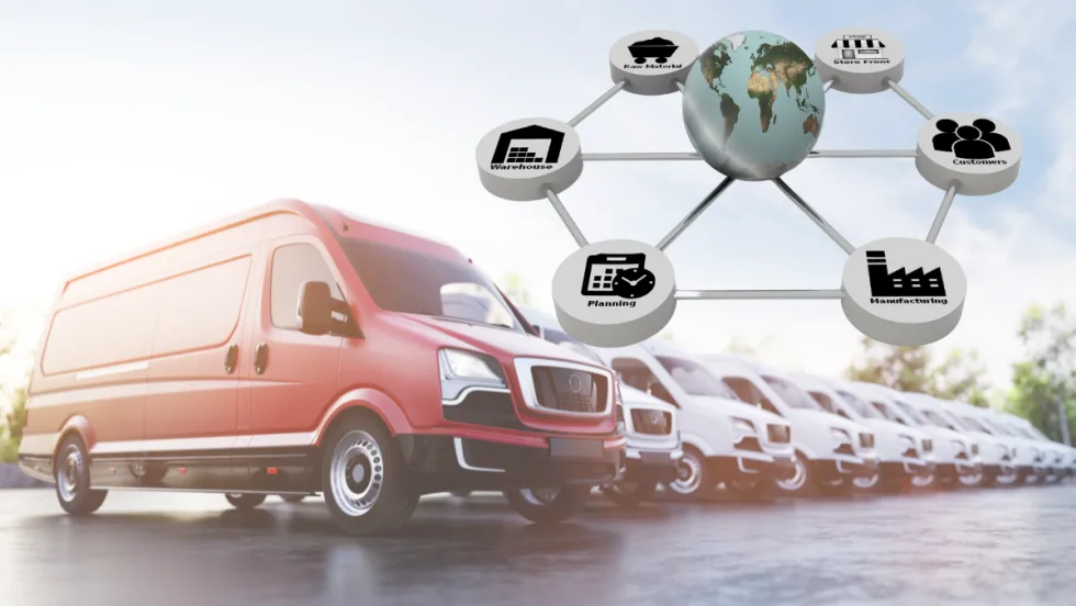 row of vans, supply chain graphic