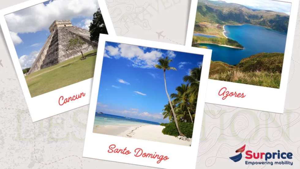 Photos of scenery in Cancun, Santo Domingo, and Azores.