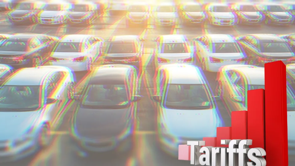 New cars in a parking lot. 