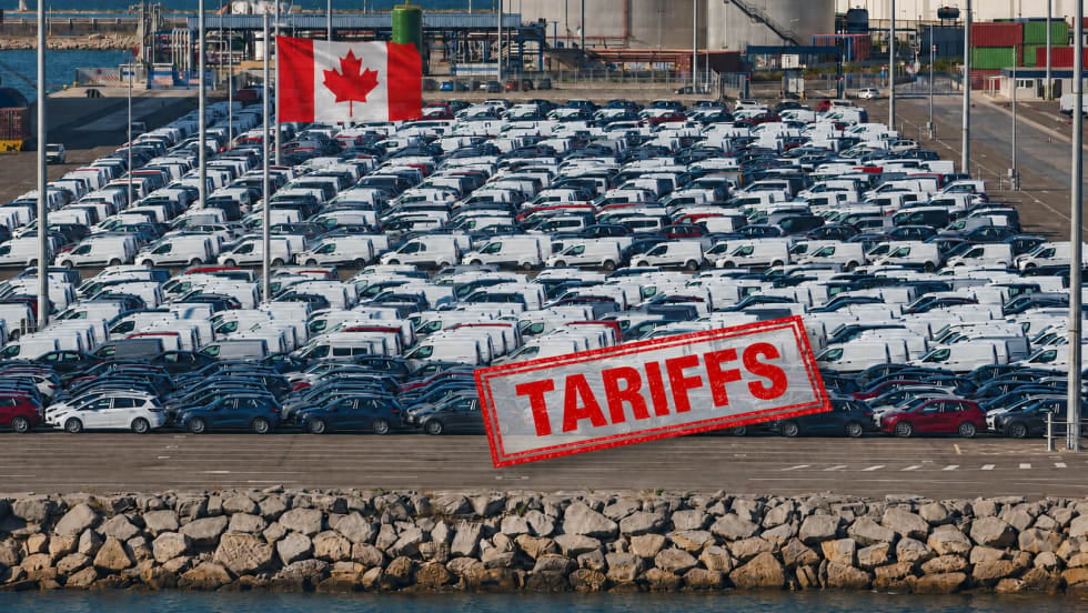 rows of vehicles at port with Canadian flag and tariffs stamp over the image