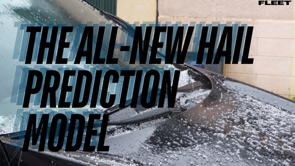Hail covers the windshield and hood of a black vehicle with text overlay about FLASH Weather AI’s new hail prediction model.