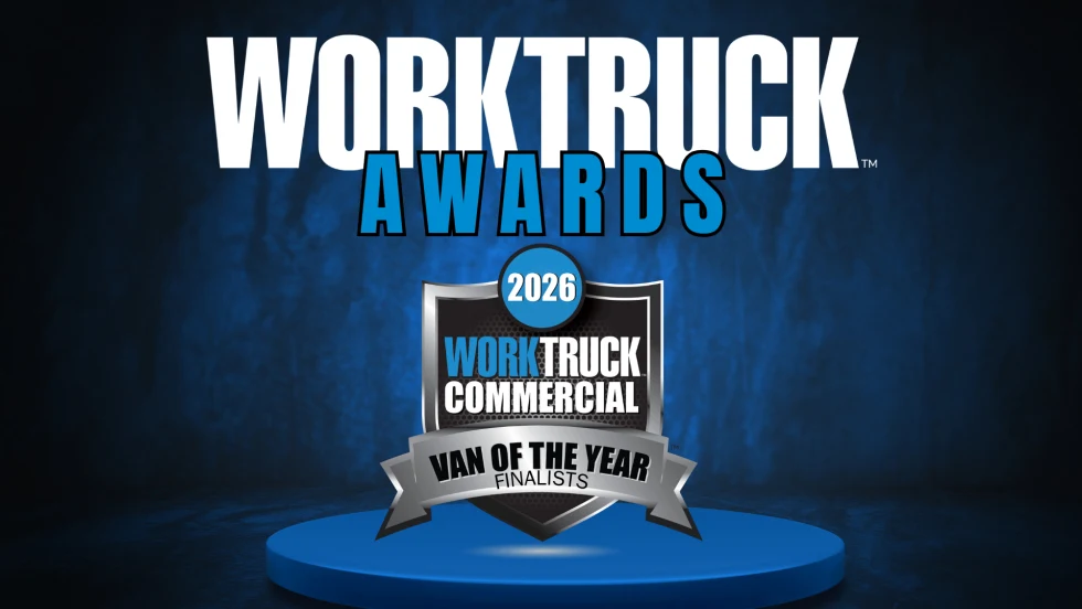 Work Truck Awards 2026 graphic highlighting Commercial Van of the Year finalists, recognizing the top commercial vans selected by fleet professionals ahead of Work Truck Week.