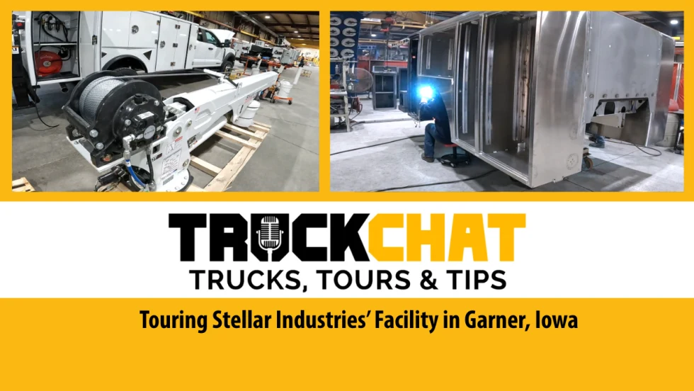 Thumbnail for video series Truck Chat: Trucks, Tours & tips featuring a tour of Stellar Industries' manufacturing facility in Garner, Iowa. Two inset manufacturing photos.