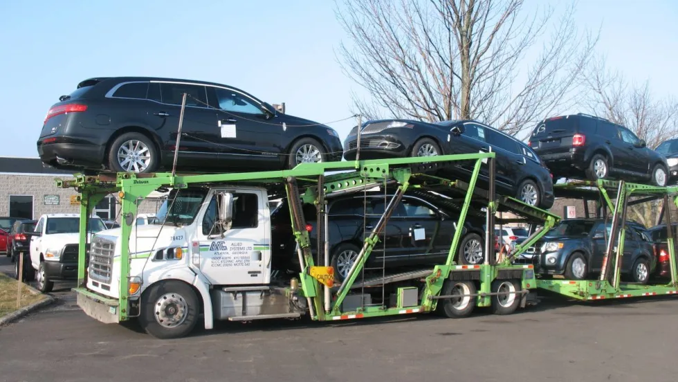 A double-decker vehicle carrier.