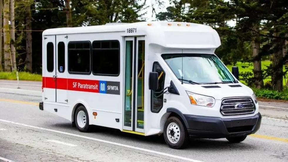 A red and white Turtle Top paratransit minibus on a street.