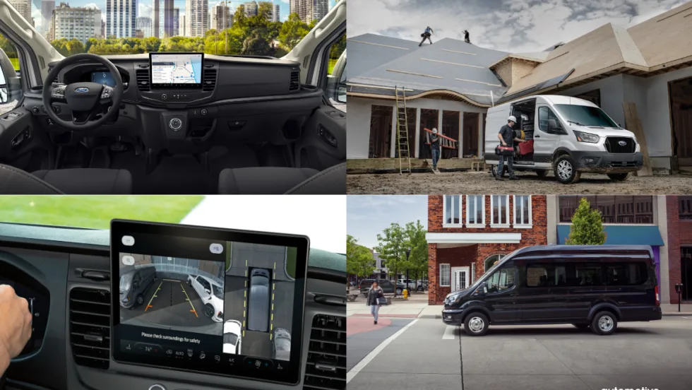 An Automotive Fleet photo collage includes four photos of the new upgrades on the 2026 Ford Transit van.