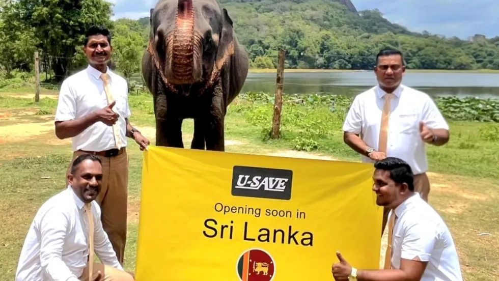 Rental car franchise employees hold up a yellow square U-Save banner in front of a rural scene featuring a protruding mountain, a distant lake, and a green field.