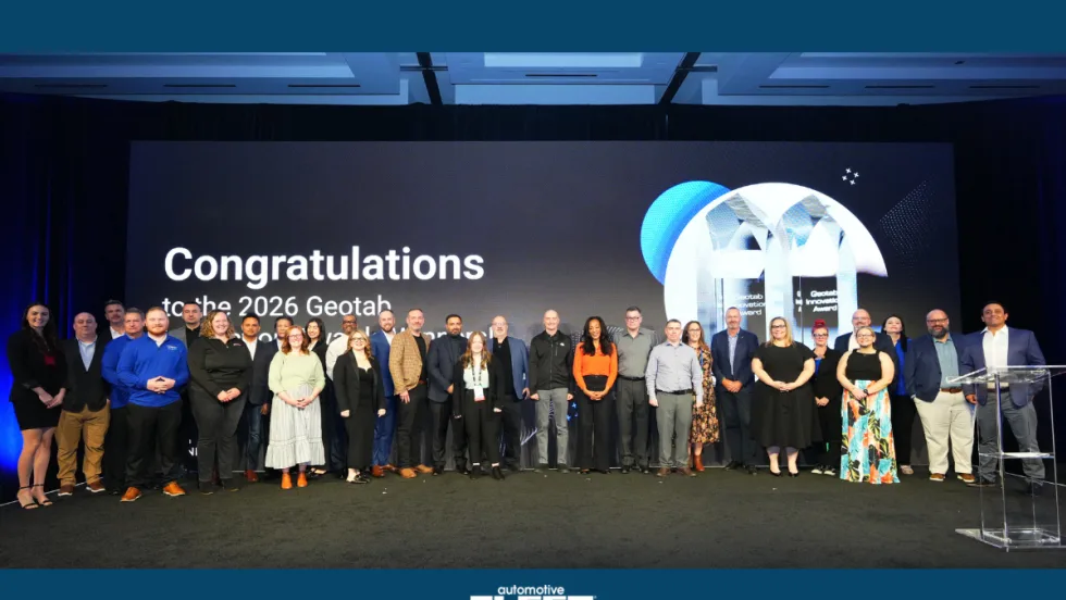 Geotab Connect Innovation Award winners stand on the stage after the award ceremony on Feb 10, 2026.