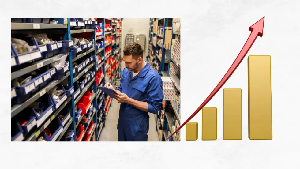 Technician cataloging parts, upward trend graph.