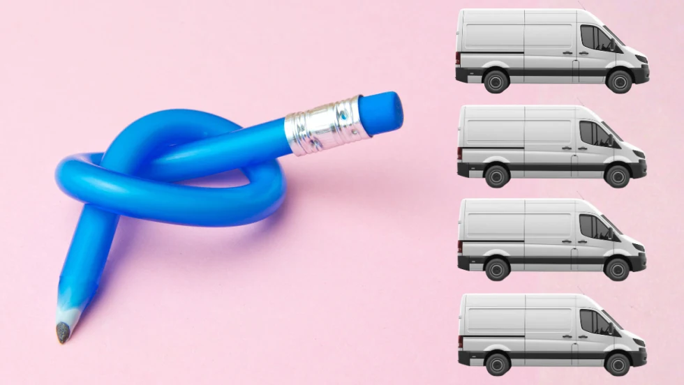 Conceptual photo of twisted pencil and cargo vans.