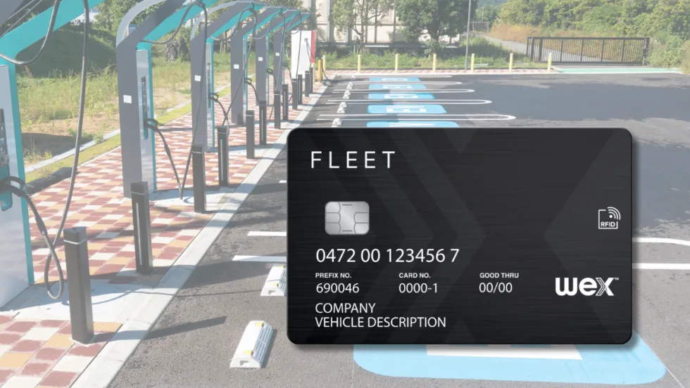 graphic of a fleet card with EV chargers in background