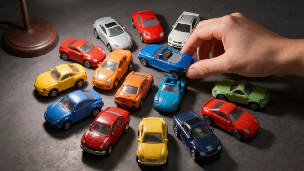 Hand moving toy cars.