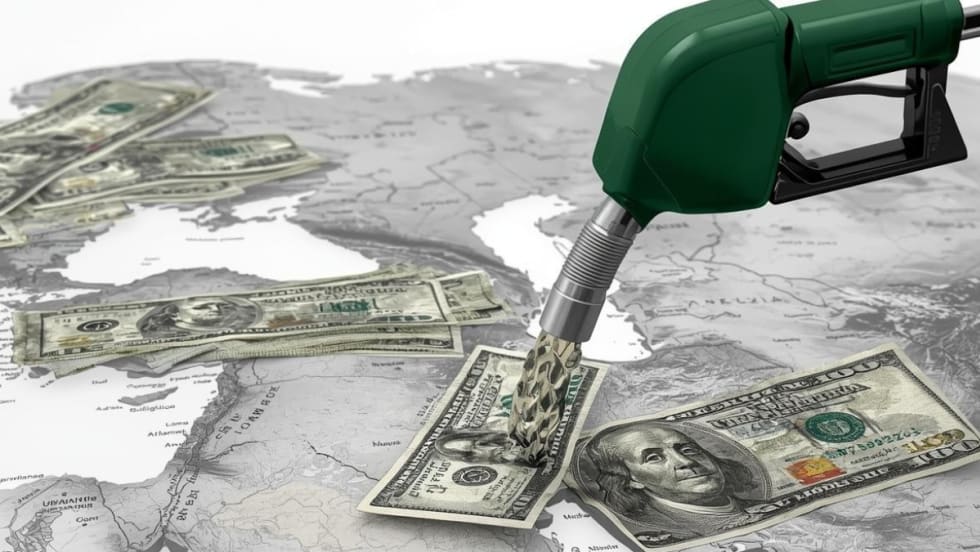 gas pump dispensing money on Middle East map