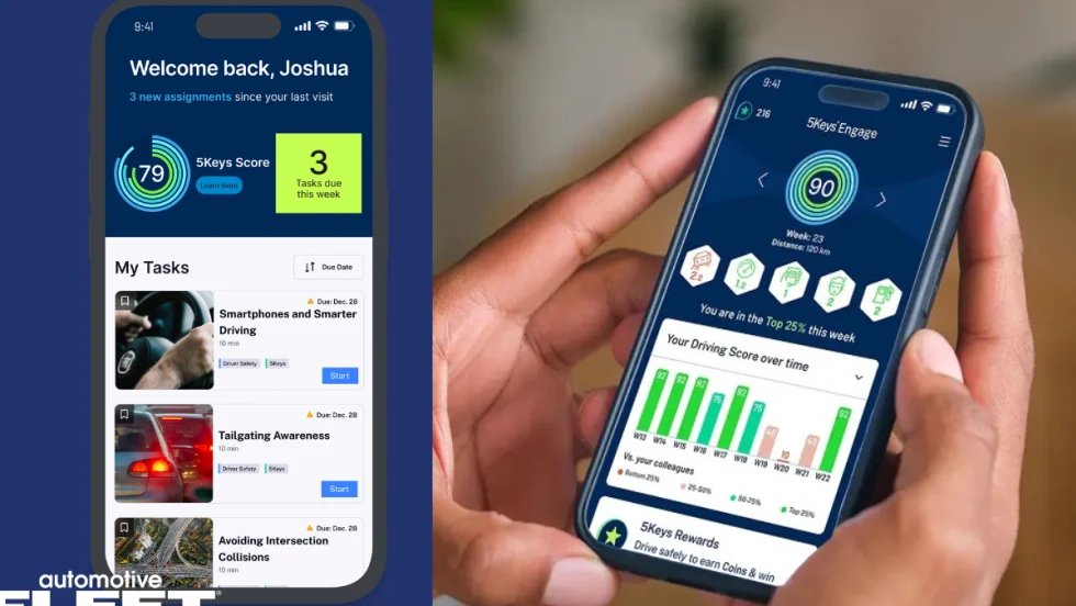 Fleet driver safety app displays training tasks and driving performance scores on mobile screens, showing the 5Keys Engage dashboard with driver behavior metrics, safety lessons, and progress tracking