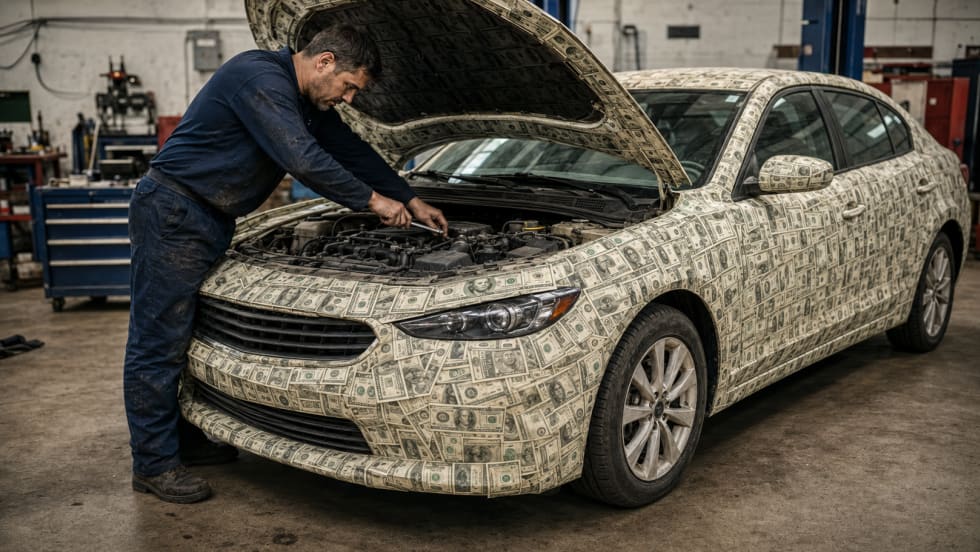 A mechanic repairs a car made out of money.
