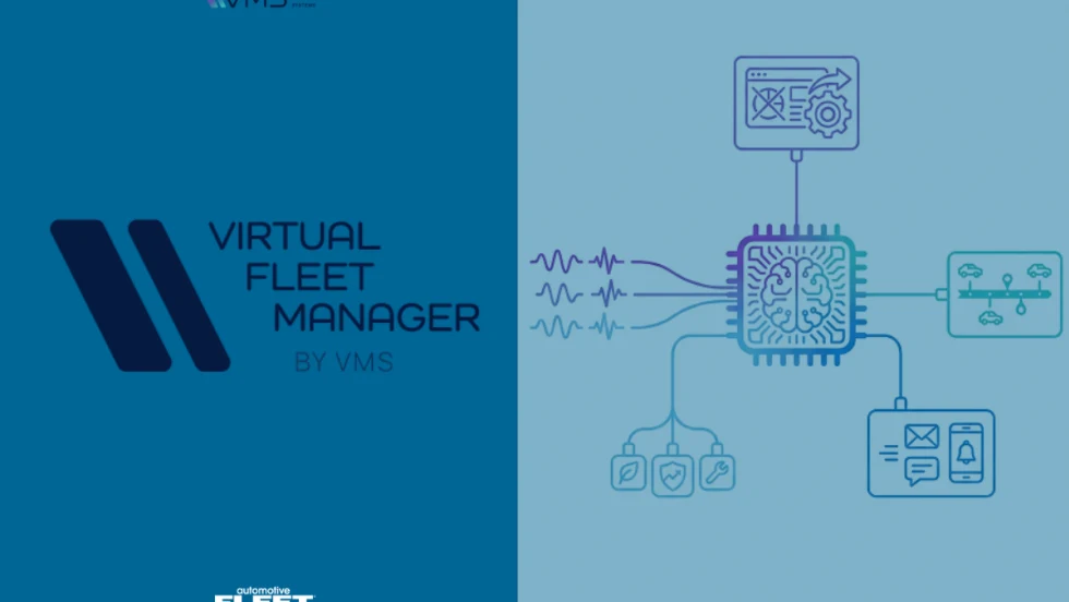 VMS Virtual Fleet Manager graphic showing a central AI chip connected to vehicle data, diagnostics, and system workflows across a fleet management platform.
