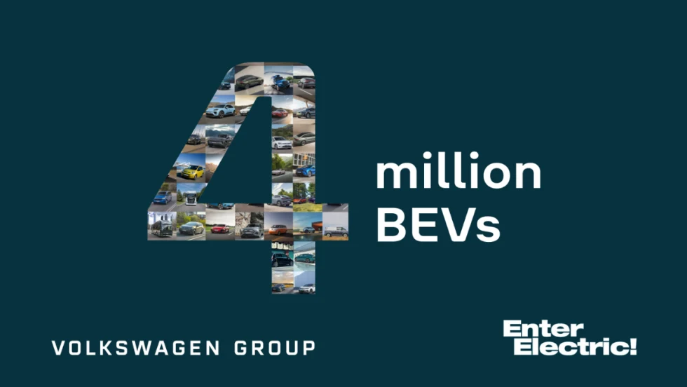 Volkswagen Group infographic highlighting the delivery of 4 million battery-electric vehicles, featuring the company logo and messaging about its global electric vehicle milestone.