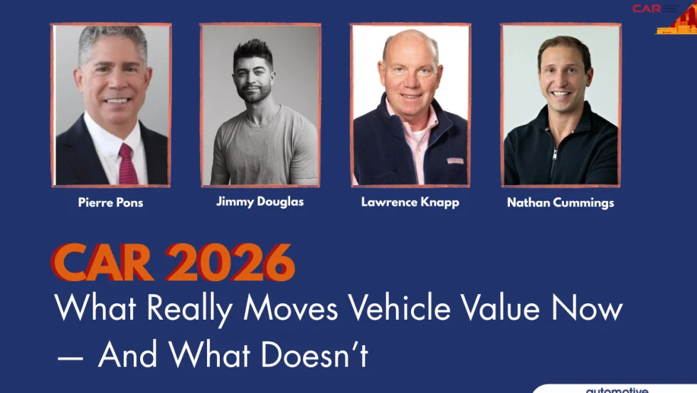 Graphic promoting a CAR 2026 conference session showing four speaker headshots above the title “What Really Moves Vehicle Value Now — And What Doesn’t” with automotive conference branding
