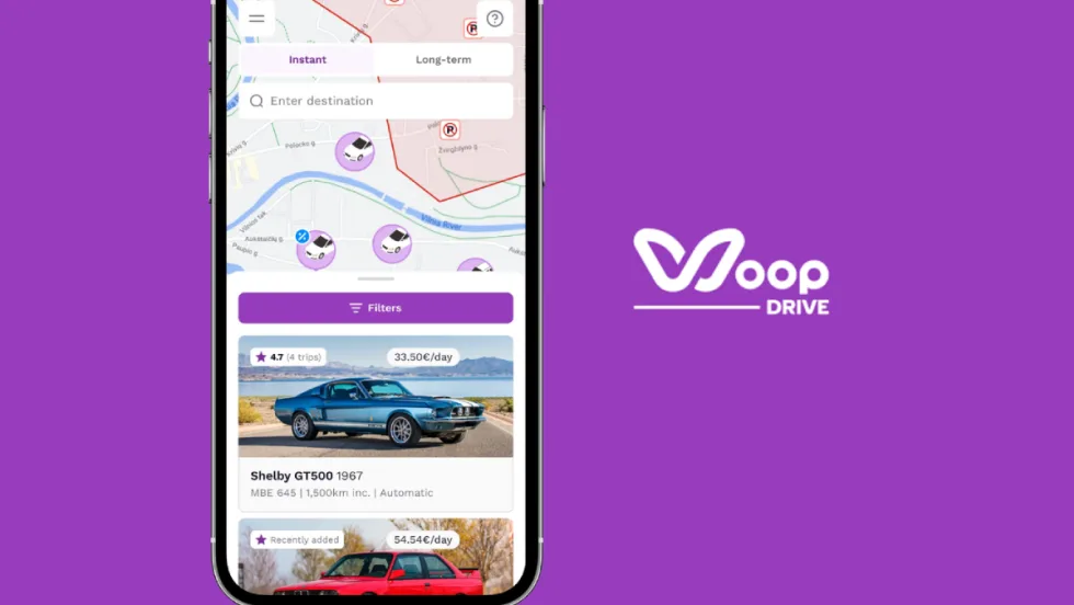Woop logo with giant smartphone displaying rental cars.