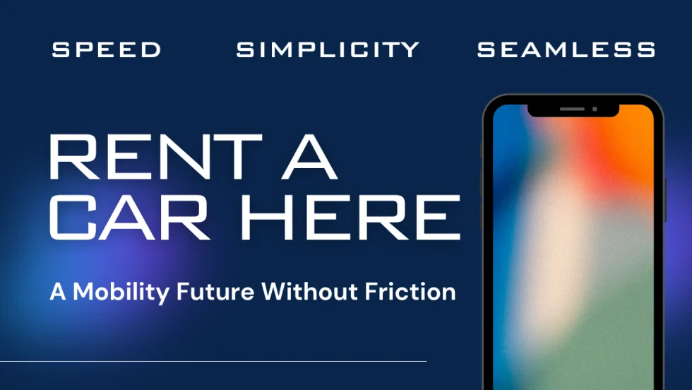 Outline of a multi-colored smart phone screen next to large lettering, "Rent A Car Here."